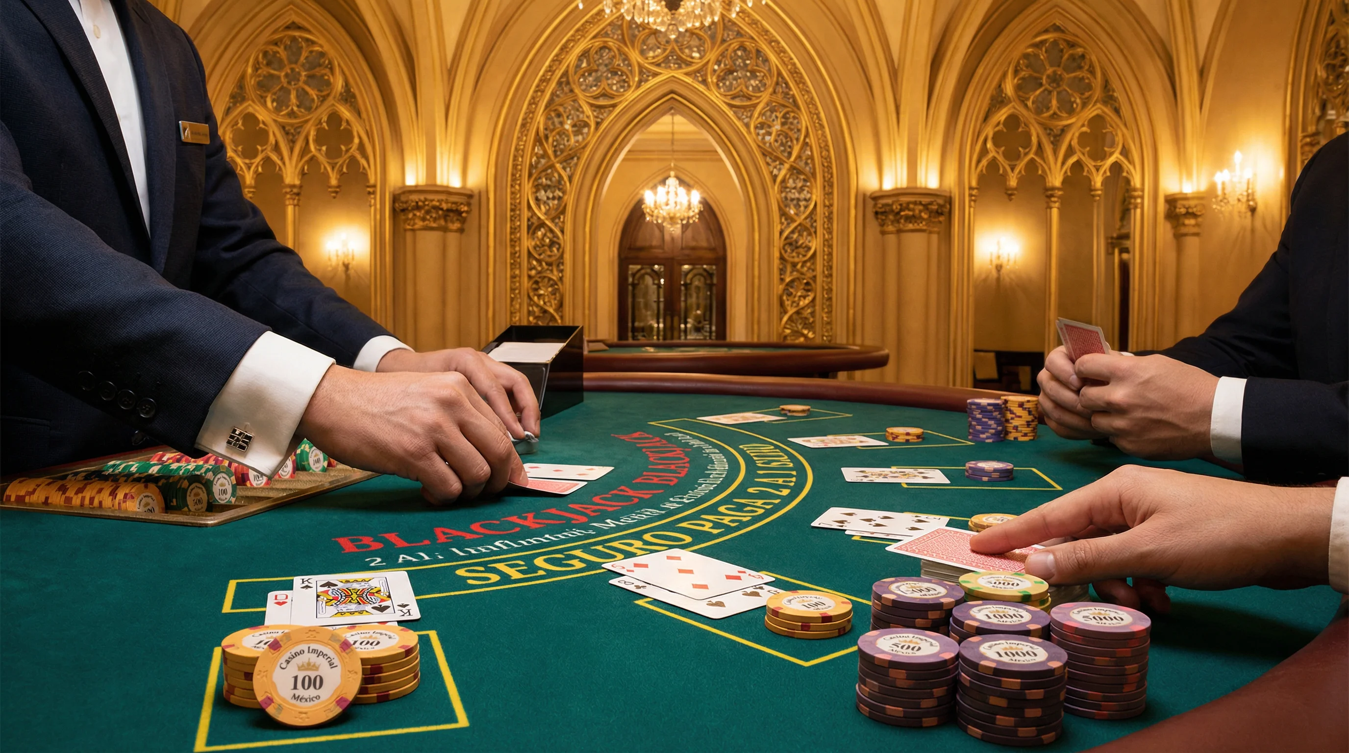 Mesa de blackjack profesional con crupier y jugadores en Winpotcasino